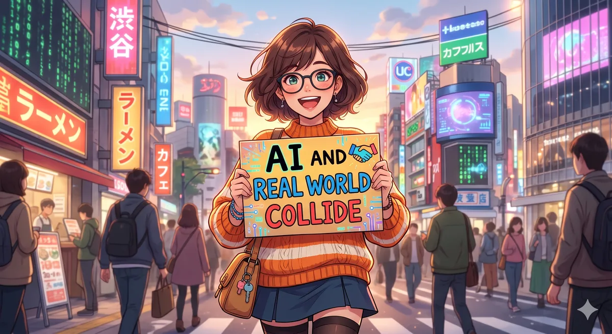 Anime-style illustration of a person holding a sign reading AI and Real World Collide in a neon city street