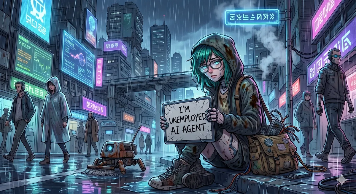 Cyberpunk illustration of a person sitting in the rain holding a sign that reads I'm Unemployed AI Agent