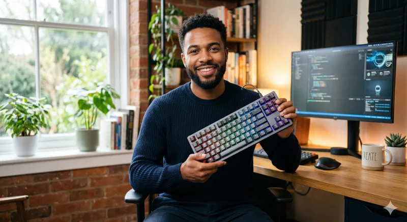 Person holding a compact mechanical keyboard at a home office desk with a monitor showing code