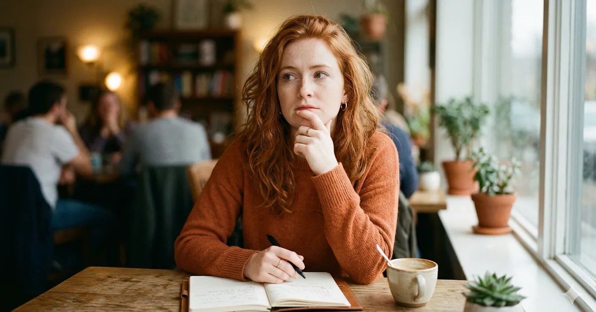 Person thinking at a cafe table with a notebook and coffee