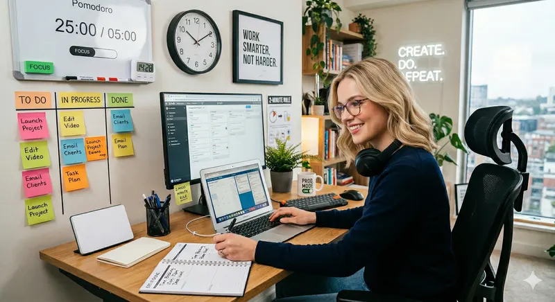 Productivity workspace with Pomodoro timer, Kanban board, and sticky notes