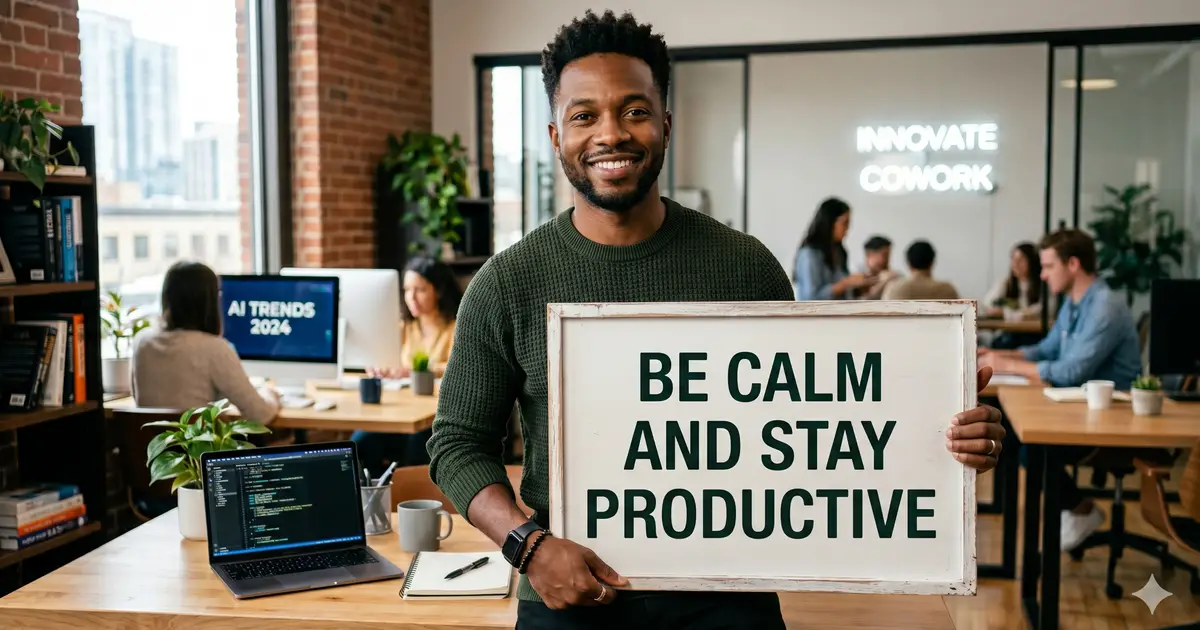 Person in a coworking space holding a sign that reads Be Calm and Stay Productive